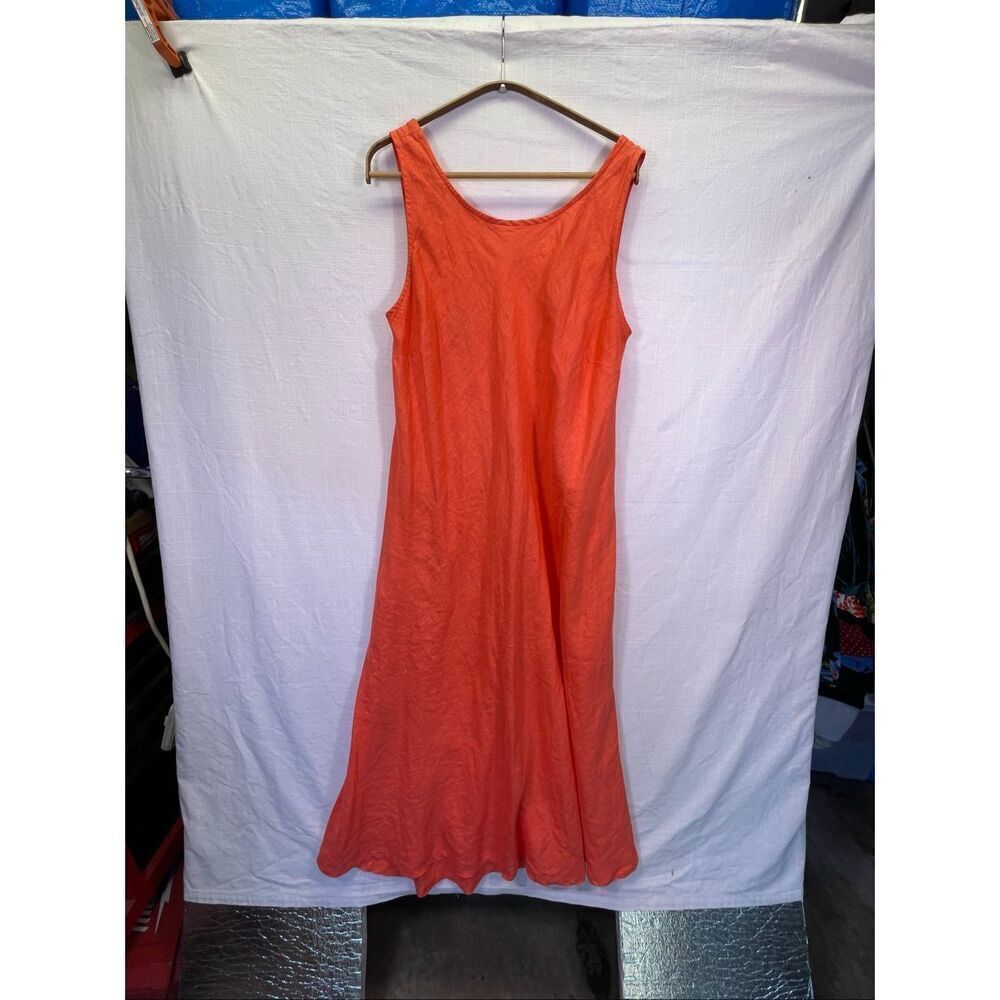 Haris Cotton Linen V Neck Sleeveless Flared Midi A-Line Dress Orange Size Large